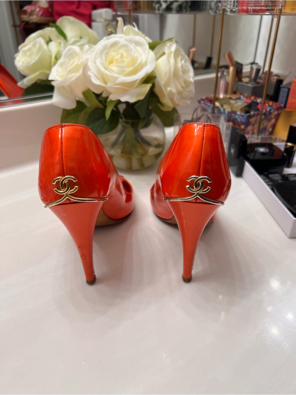 CHANEL Gorgeous Orange Patent Leather Stiletto Pumps with Gold CC Heel 39.5